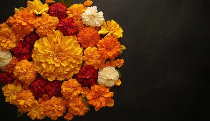 Wall Mural - Vibrant Floral Arrangement Featuring Marigolds in Shades of Orange, Yellow, and Red on a Dark Background for Celebratory and Decorative Purposes