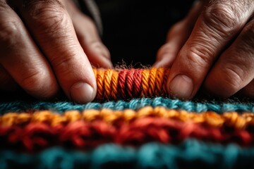 Hands skillfully rolling colorful yarn in a vibrant textile workshop at twilight to create unique patterns for handcrafted art