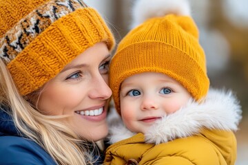 Wall Mural - Cheerful winter moments with mother and child in vibrant yellow hats during a frosty day in the park