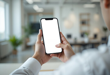 Businessperson using a smartphone in a modern office.