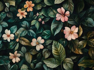 Wall Mural - Pink flowers with green leaves