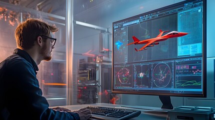 A focused engineer works on a computer, analyzing flight data and a 3D model of a red aircraft. The scene is set in a modern technology lab with advanced equipment in the background.