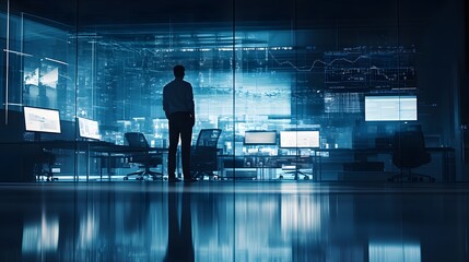 silhouetted businessman stands in a modern office, gazing at a large screen displaying complex data 