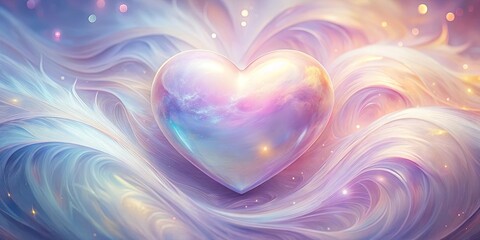 Wall Mural - A shimmering, iridescent heart rests gently on a bed of swirling, pastel clouds.