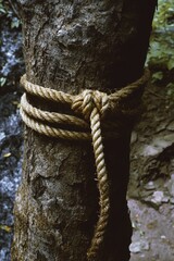 Sticker - Rope wrapped around a tree near a waterfall