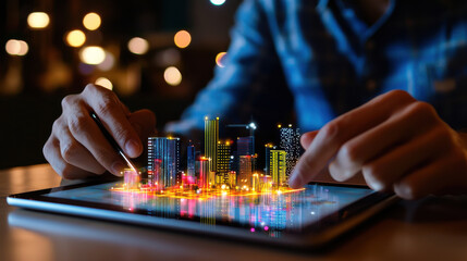 Poster - Architect reviewing smart city blueprint on tablet, showcasing vibrant digital cityscape with glowing buildings and data visualization, reflecting innovation and technology