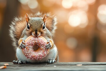 Squirrel enjoys a sweet donut treat in a forest glade during golden autumn