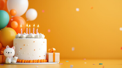 Poster - birthday cake with candles on festive table, surrounded by colorful balloons and decorations, creates joyful celebration atmosphere