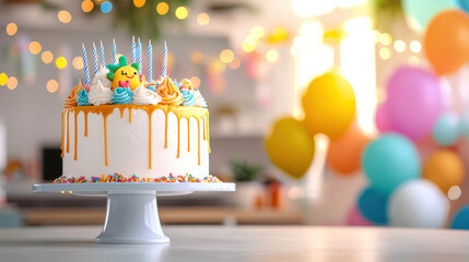 Poster - colorful birthday cake with fun decorations, featuring vibrant frosting, candles, and playful character on top, set in festive atmosphere with balloons and lights