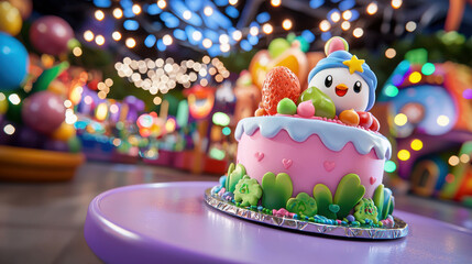 Poster - colorful birthday cake featuring fun character design, adorned with vibrant decorations and playful elements, set in festive atmosphere with bright lights