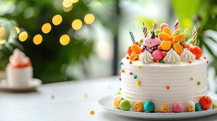 Poster - colorful birthday cake decorated with playful designs, featuring vibrant candies, fruits, and candles, perfect for celebrations and joyful moments