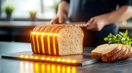 Aufkleber - Freshly sliced bread on wooden cutting board, showcasing even cuts and warm glow. scene captures joy of baking and art of perfect slicing