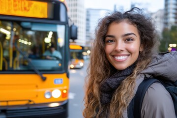 Joyful traveler awaits bus on a bustling city street under bright morning light