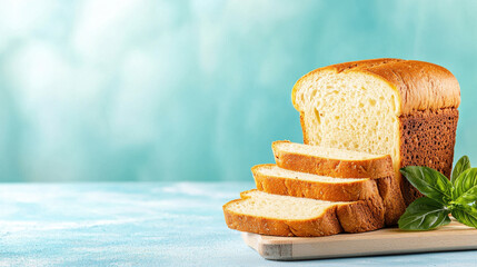 Poster - Freshly sliced bread on wooden board, showcasing even cuts and soft texture. vibrant background enhances warm tones of bread, creating inviting atmosphere