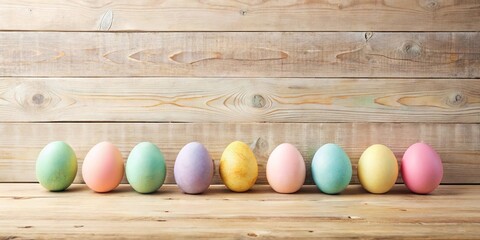 Wall Mural - Pastel Easter eggs arranged on rustic wooden surface