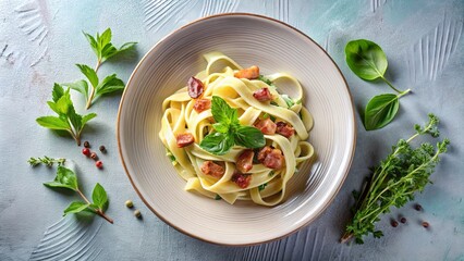 Wall Mural - Delicious Fettuccine Pasta with Crispy Bacon and Fresh Herbs on a Plate