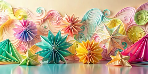 Wall Mural - whimsical pastel paper art colorful stars and swirls in an abstract composition