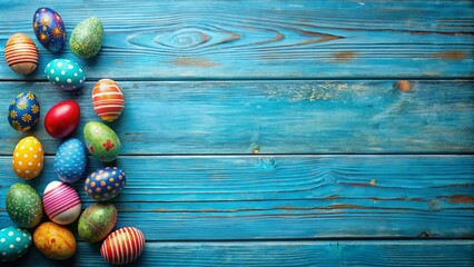 Wall Mural - Vibrant Decorated Eggs on a Rustic Blue Wooden Background, Perfect for Springtime Celebrations