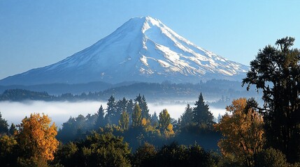 Poster - Majestic snow-capped mountain peak rises above autumnal forest and morning mist.