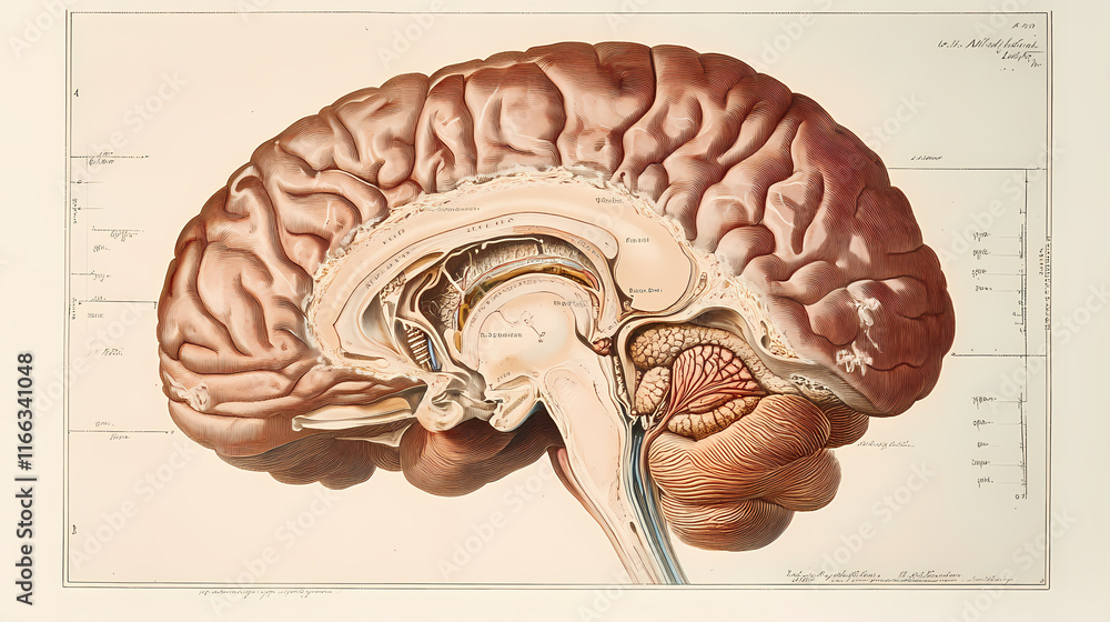 Highly detailed, labeled illustration of the human brain, viewed from ...