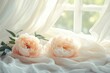 © ALLAI - Peach peonies resting on flowing white fabric near window, concept of softness and calm