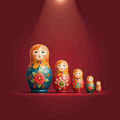 Captivating matryoshka dolls arranged harmoniously on a rich red background, digital art of still life concept.