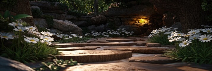 Wall Mural - A serene pathway with stones and daisies, illuminated by soft light in a lush environment.