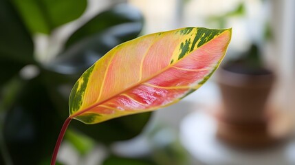 Wall Mural - Colorful Leaf of a Houseplant Displays Vibrant Hues