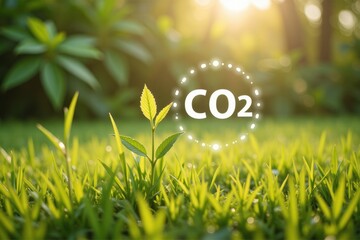 Green Plant Growth with CO2 Symbol in Natural Sunlit Environment