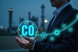 © SunPunjiStudio - Businessman Holding CO Symbol with Eco-friendly Elements at Dusk