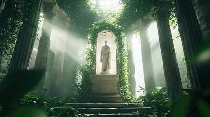 Overgrown Jungle Ruins, ancient statues entwined with vines, explorers navigating a forgotten world filled with history and mystery