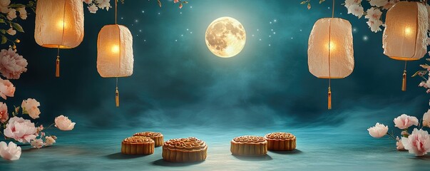 Poster - A serene moonlit scene featuring mooncakes and lanterns, celebrating a cultural festival.