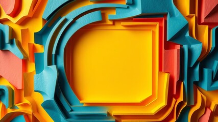 Abstract 3D rendering of a folded paper effect bright colorful yellow background maze, resembling a intricate paper craft design, abstract, maze