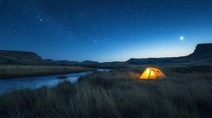 Wall Mural - Illuminated tent in a serene night landscape.