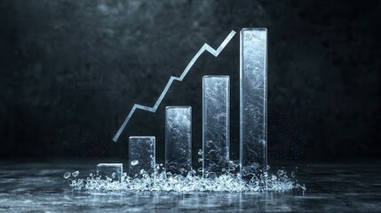 Fototapete - A sleek glass bar chart rises from water, symbolizing growth and progress, set against a dark, textured background.