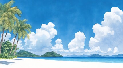 Wall Mural - A Relaxing Beach Scene with Palm Trees and Calm Ocean Waves Under a Clear Blue Sky