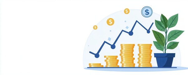 Poster - A colorful graphic illustrating financial growth, featuring coins stacked, a plant, and an upward trend line, symbolizing investment and prosperity.