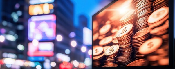Aufkleber - A vibrant city scene featuring a digital display of stacked coins, symbolizing wealth and finance in an urban nightlife setting.
