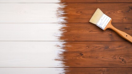 A paintbrush rests on wooden planks, showcasing a transition from white to rich brown, illustrating a home improvement project.