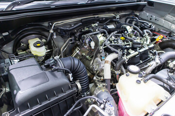 Fototapete - focused on the automotive industry within the contemporary new automobile engine room, machine displays all components and has an open hood. the new car's engine compartment.