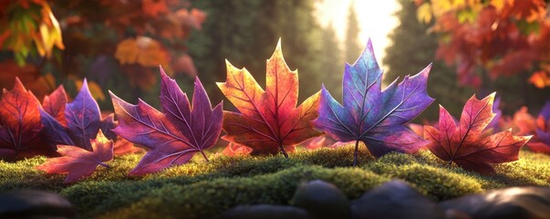 Wall Mural - A vibrant display of colorful autumn leaves resting on moss and stones in a serene forest setting.