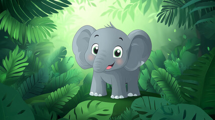 adorable cartoon baby elephant in lush jungle with tropical foliage and green leaves: a colorful vec