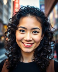 Wall Mural - Cheerful Young Woman with Curly Hair in Bustling City Street