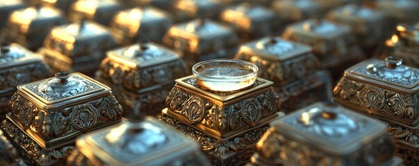 Poster - A close-up view of ornate containers with a small dish on top, showcasing intricate designs.