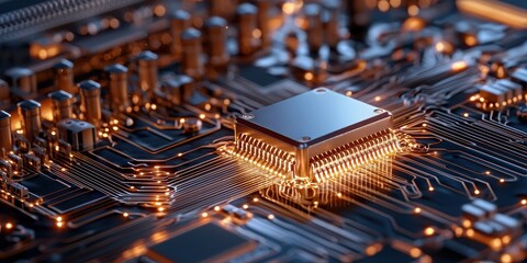 Wall Mural - A close-up view of a microchip on a circuit board, showcasing intricate connections and glowing lights.