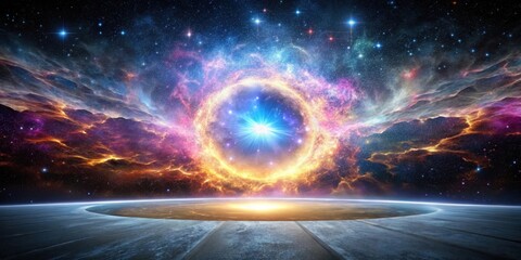 Wall Mural - Cosmic Portal A Vibrant Nebula and Starry Night Sky Above a Futuristic Platform