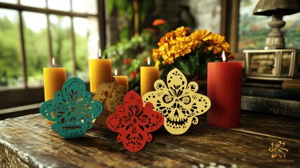 Poster - Vibrant candles and decorative skulls create a festive atmosphere for celebration.