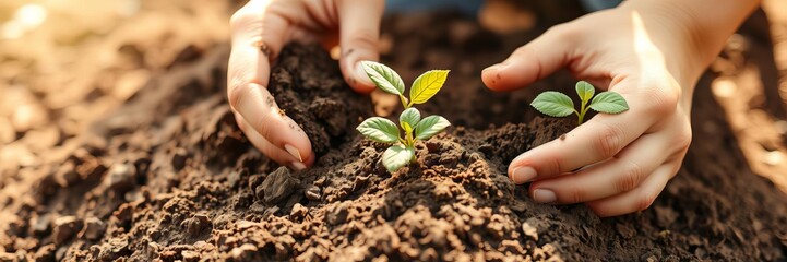 Wall Mural - Farmer hands delicately tending to a green plant leaf under the sunlight, farming, green