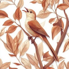 Wall Mural - A stylized bird perched among autumn leaves, singing harmoniously in a warm-toned illustration.