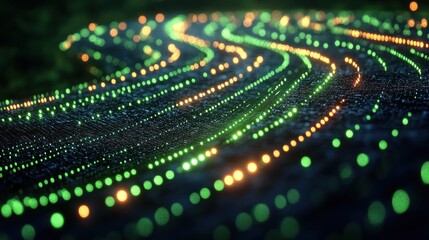 Glowing dots flow like a river over dark background for data display.